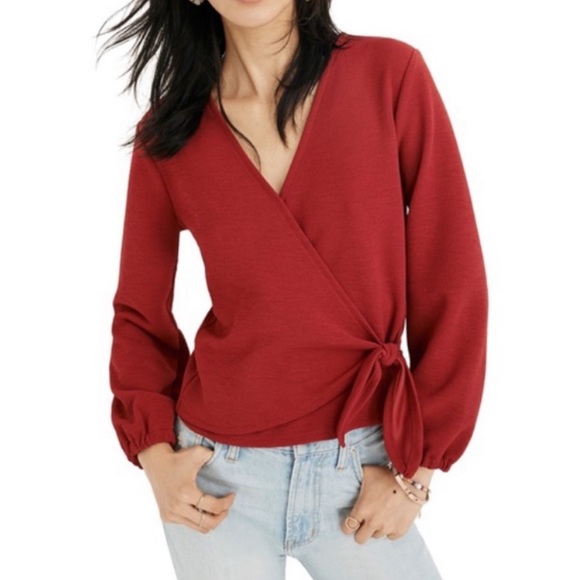 Madewell Texture and Thread Red Crepe Wrap Blouse - Picture 1 of 16